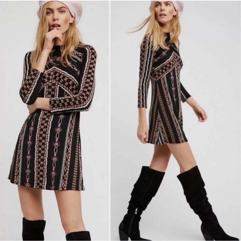 Free People Stella Mini Dress Women's Black Long Sleeve Boho Mock neck